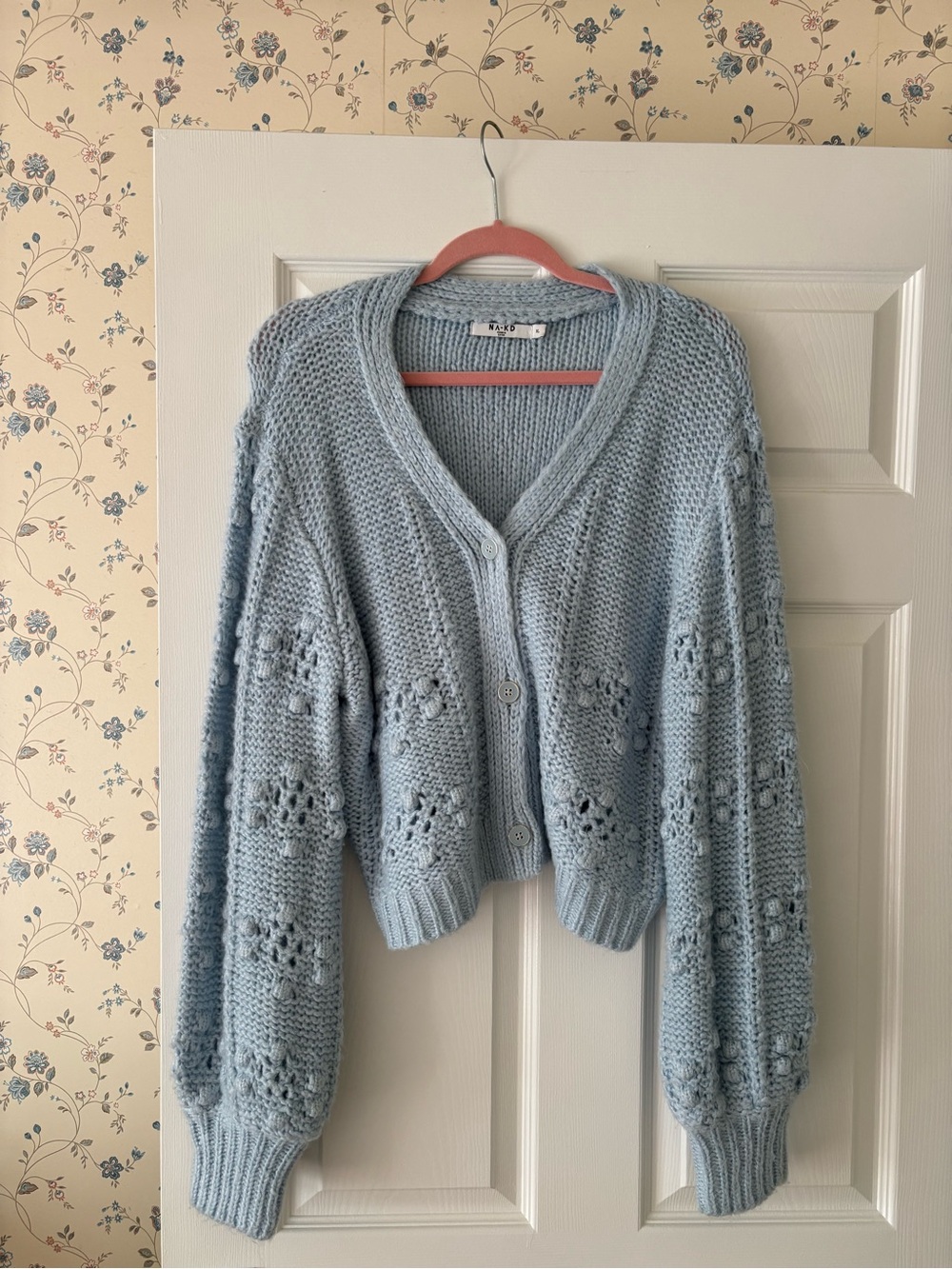 Chunky Light Blue Openwork Button-Front Women's Cardigan